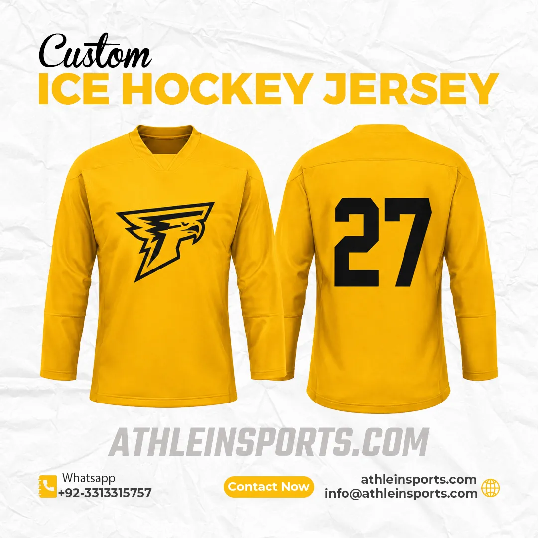 Yellow practice hockey jersey with black crest and number 27