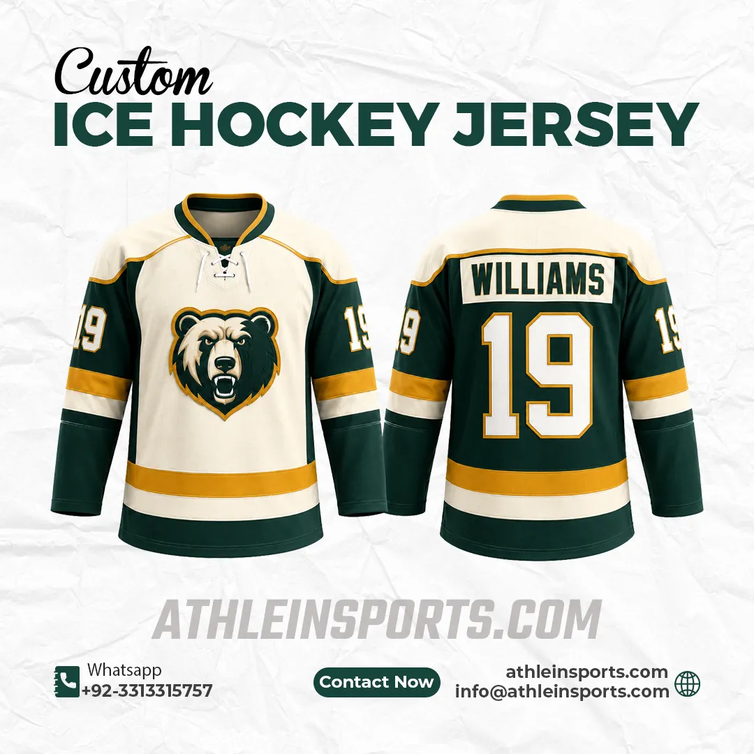 Cream, green and gold hockey jersey with bear crest and number 19
