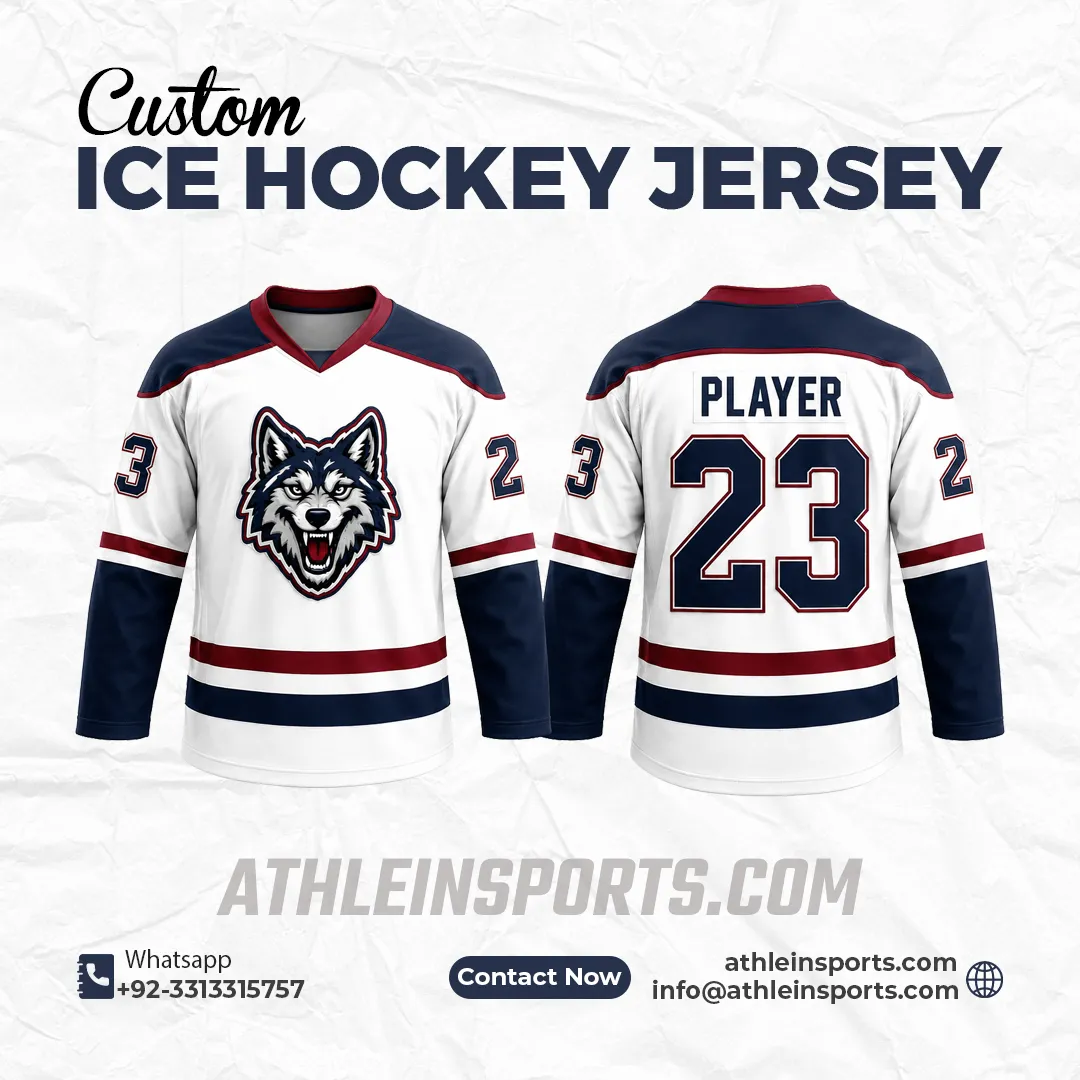 ATHLEIN white, navy and red hockey jersey catalog design, front and back