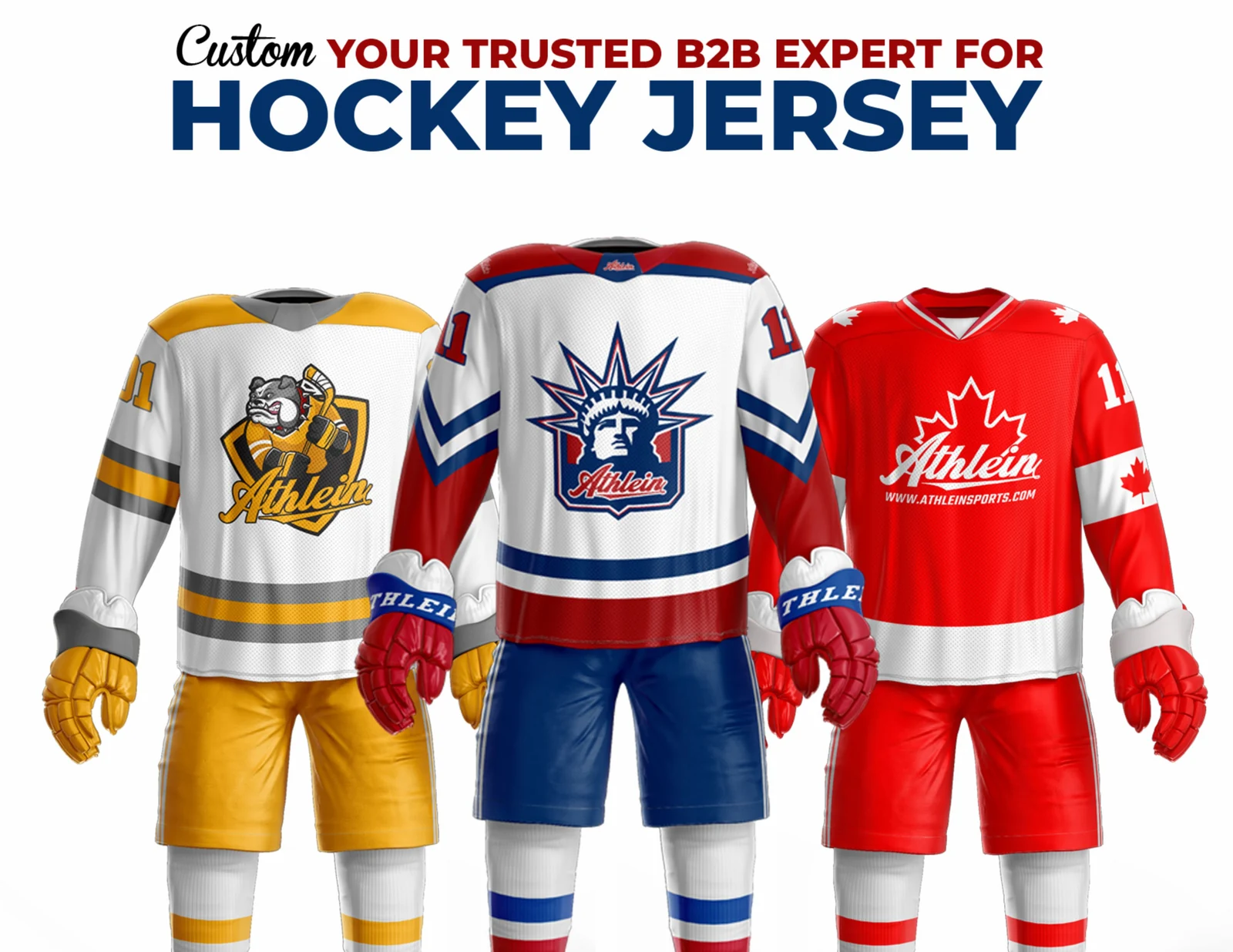 ATHLEIN custom hockey uniform designs in gold, white and navy, and red, with coordinated socks