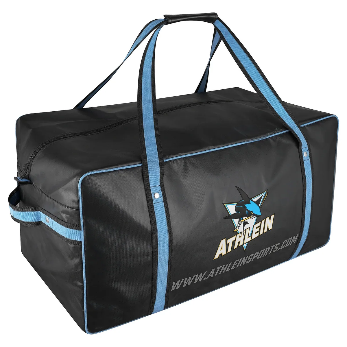 Black ATHLEIN ice hockey equipment bag with blue carry straps, blue trim and shark team crest
