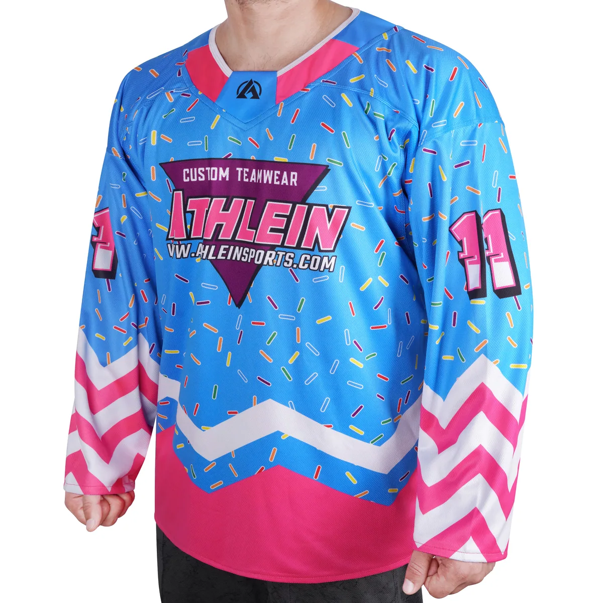 Blue ATHLEIN hockey jersey with colorful sprinkle pattern, pink trim and sleeve number 11