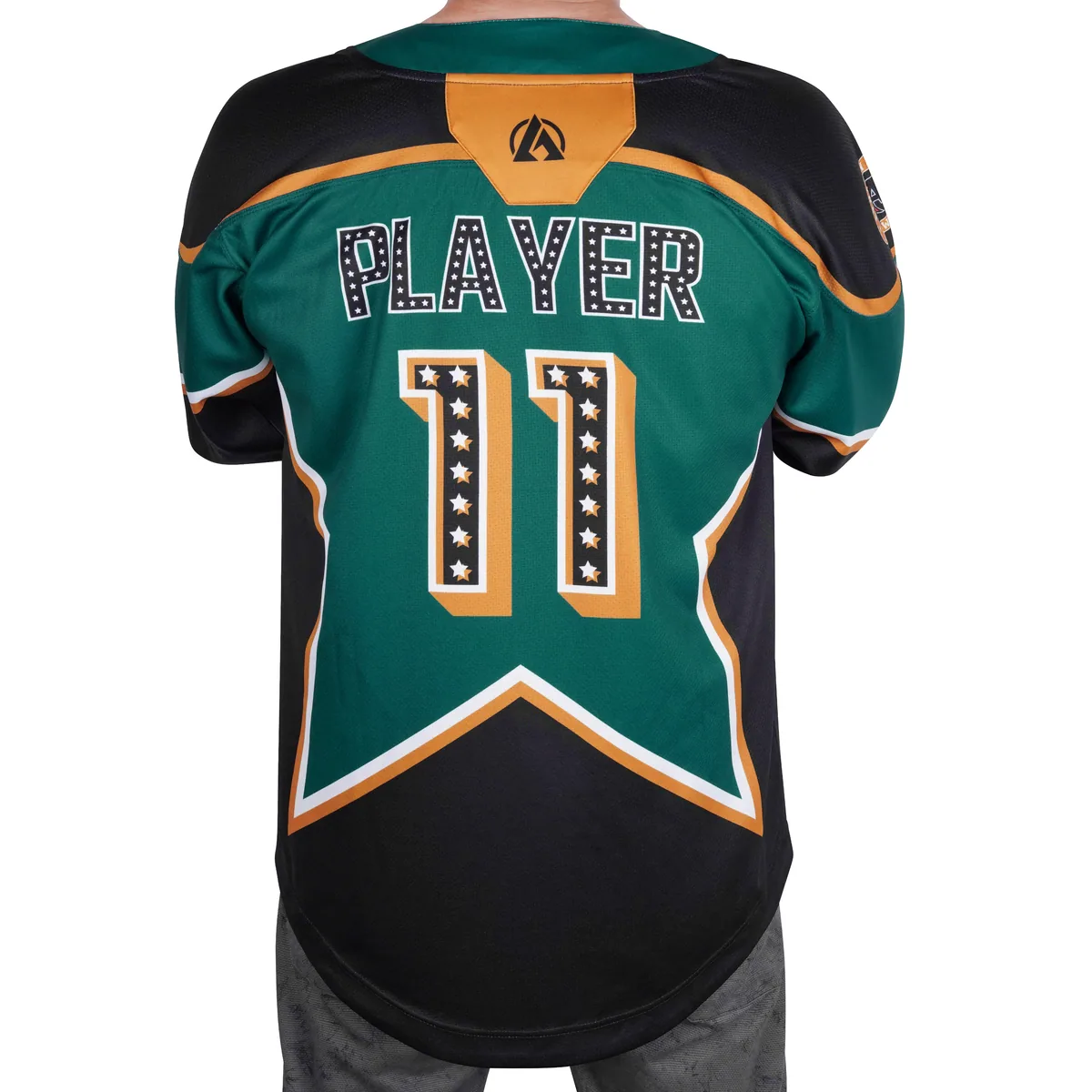 Back of green and black jersey with star-pattern PLAYER lettering and number 11