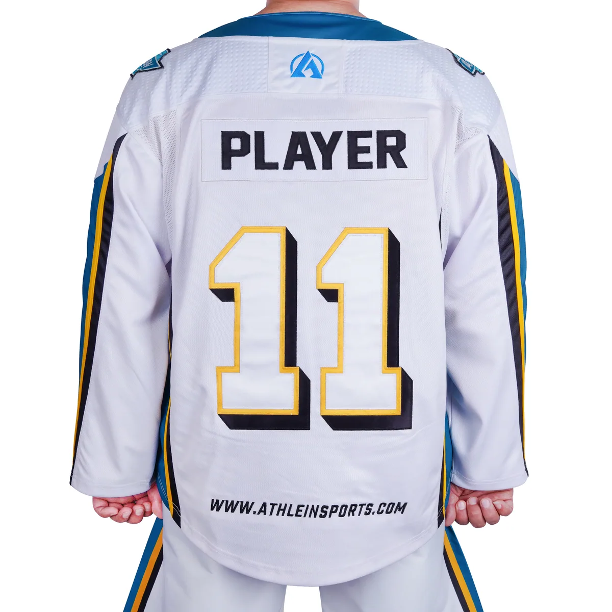 Back of white and teal hockey jersey with PLAYER nameplate and outlined number 11